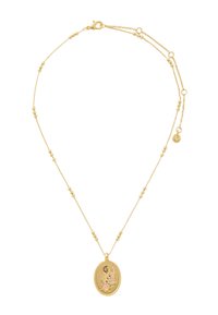 Gold chain necklace with small beads and an oval pendant featuring an engraved floral design and a crescent moon motif.