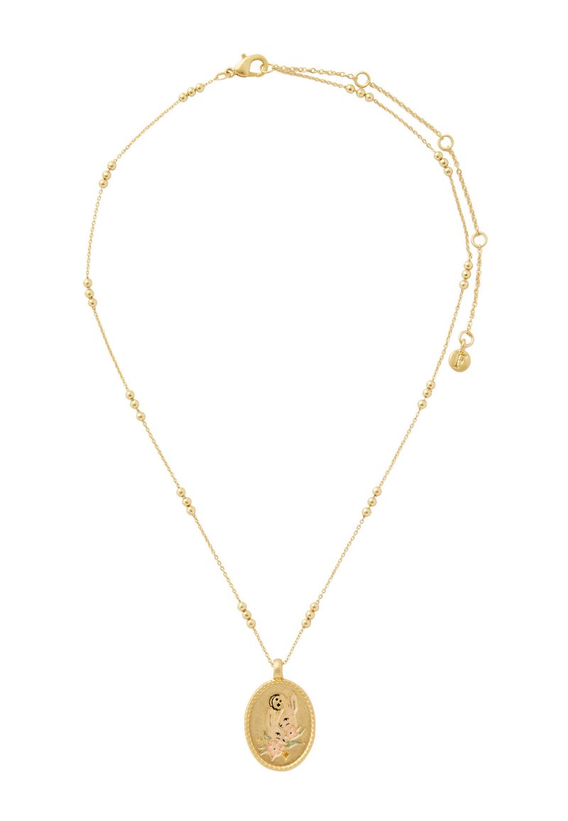 Gold chain necklace with small beads and an oval pendant featuring an engraved floral design and a crescent moon motif.