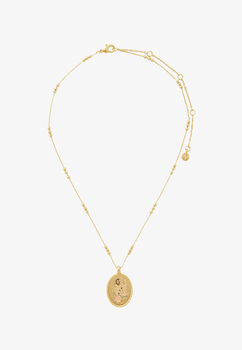 Gold chain necklace with small beads and an oval pendant featuring an engraved floral design and a crescent moon motif.