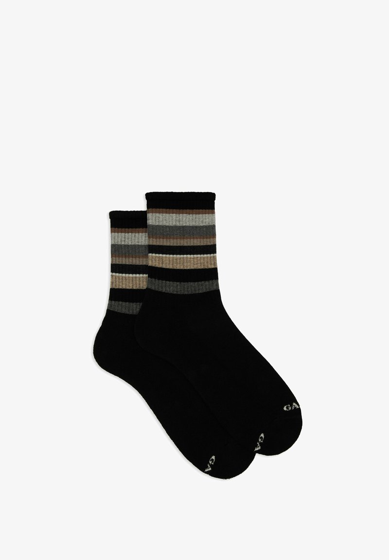 Calze nere con un design a coste, caratterizzate da strisce orizzontali in grigio, marrone e crema. Materiale morbido con una fascia nera a contrasto.