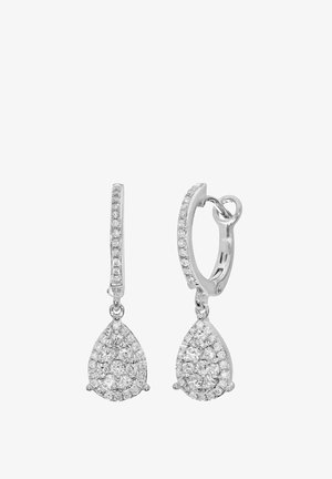 Orecchini a goccia in argento con forma a goccia, decorati con numerosi piccoli diamanti e una chiusura a cerniera con una fila di diamanti lungo la parte superiore.