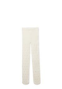 Cremfarbene Leggings aus weichem Stoff, mit einem gepunkteten Muster und kleinen goldenen Akzenten entlang der Beine. Glatte Textur und figurbetonter Schnitt.