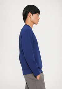 Felpa blu con scollatura a girocollo, polsini e orlo ribattuti. Tessuto morbido al tatto. Indossata con pantaloni grigi. Vista laterale.
