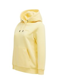 Gelber Kapuzenpullover mit einer vorderen Kängurutasche, Kordelzugkapuze, gerippten Bündchen und einer glatten Textur. Enthält ein gesticktes Logo in passender Farbe.