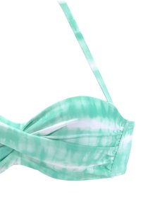 Türkiser Batik-Bikini-Oberteil mit gedrehter Vorderseite. Verfügt über dünne, verstellbare Träger und einen weichen, dehnbaren Stoff.
