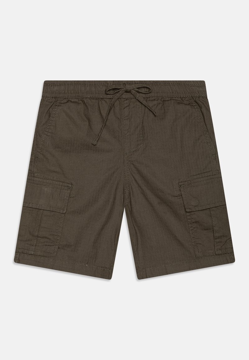 Shorts cargo en tissu vert olive foncé avec une ceinture élastique, un cordon de serrage ajustable et deux poches latérales. Matière texturée et légère.