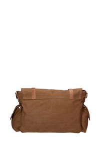 Borsa in canvas marrone con manici in pelle, cima ripiegata e tasche laterali; presenta una texture morbida e un design semplice e funzionale.