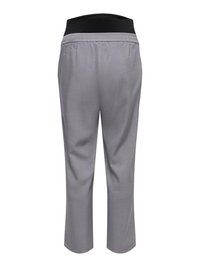 Pantalon gris coupé, taille élastique noire, texture lisse avec un motif de tissu subtil. Coupe décontractée sans poches visibles.