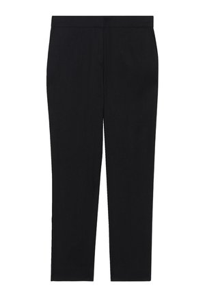 Schwarze Hose mit glatter Textur, geradem Bein Design und flachem Bund, ohne sichtbare Taschen oder Verzierungen.