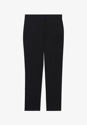 Schwarze Hose mit glatter Textur, geradem Bein Design und flachem Bund, ohne sichtbare Taschen oder Verzierungen.