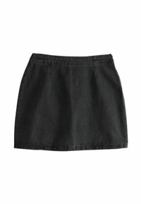 Black denim skirt with a straight cut, two front pockets, and a stitched waistband. Smooth texture and mid-thigh length design.