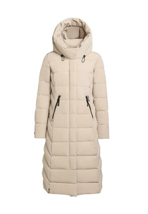 Cămașă puffer lungă, bej, cu un glugă înaltă și ajustabilă. Design pătrățos, cu umplutură, două buzunare laterale cu fermoar și accesorii negre.