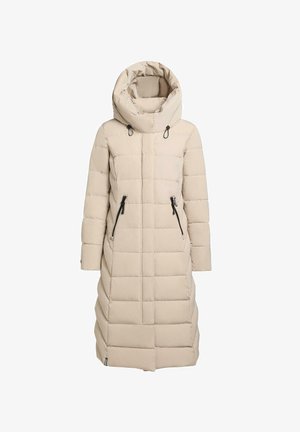 Beżowy, długi kurtka puchowa z wysokim, regulowanym kapturem. Prosty, pikowany design, dwie boczne kieszenie zapinane na zamek oraz czarne akcenty.
