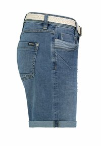 Denim shorts in light blue with a rolled hem, featuring a woven white belt, multiple pockets, and a label on the back pocket.