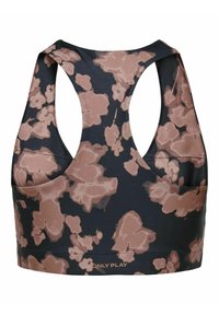 Sportski grudnjak s dizajnom na leđima, s cvjetnim uzorkom u nijansama smeđe i crne. Izrađen od glatkog, rastezljivog materijala.
