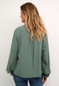 Long-sleeve, green blouse with a soft, smooth fabric. Features a relaxed fit, buttoned cuff, and subtle back pleat for added detail.