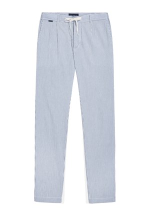 Striped pants in blue and white, made from lightweight material. Features a drawstring waist and straight-leg design. No visible hardware.