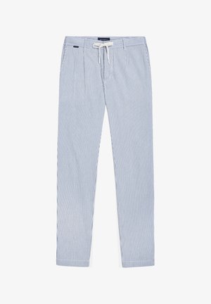 Pantalons rayés en bleu et blanc, fabriqués en matériau léger. Caractérisés par une taille à cordon réglable et un design à jambes droites. Pas de matériel visible.