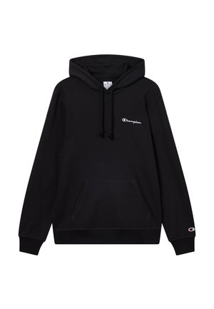 Felpa nera in cotone, con tasca a marsupio, cappuccio con coulisse e logo Champion bianco sul petto. Vestibilità classica.