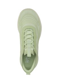 Scarpa da atletica verde chiaro con tomaia in rete testurizzata, punta arrotondata, lacci elastici e suola morbida. Presenta un logo sulla linguetta.
