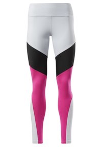 Białe, czarne i różowe legginsy sportowe damskie z wysokim stanem oraz kolorową blokadą z przodu i po bokach.