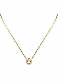 Collana in oro con ciondolo circolare raffigurante un albero, circondato da piccoli diamanti chiari, texture liscia e dettagli intricati.
