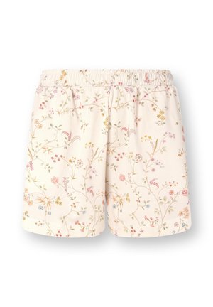 Roomkleurige korte broek met een elastische tailleband en een delicaat bloemmotief in zachte pasteltinten.