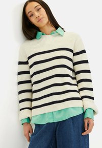 Sweter w paski w kolorze kremowym z granatowymi poziomymi paseczkami, w połączeniu z miętowym koszulą z kołnierzykiem oraz casualowymi, niebieskimi spodniami typu wide-leg z dżinsu.