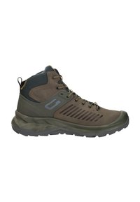 Bruine en groene wandelschoenen met een hoge kraag, met een gestructureerde bovenkant, grijze accenten en een robuuste zool voor verbeterde grip.