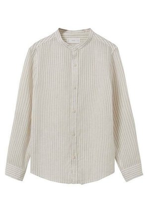 Camicia crema a maniche lunghe con sottili righe verticali nere, apertura frontale con bottoni e colletto alla coreana.