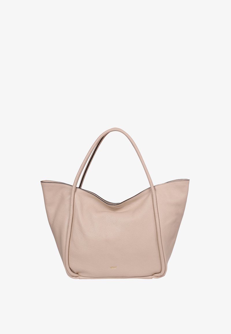 Beige leather tote bag with two long handles and a soft, textured surface. Features a curved top design and subtle branding detail.