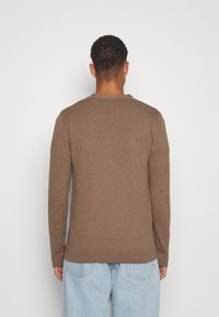 Hnědý pletený svetr s dlouhými rukávy, kulatým výstřihem a žebrovaným lemem. Nosený s světle modrými džíny, ukazuje jednoduchý zadní pohled.