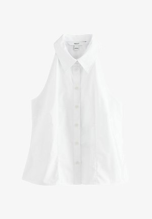 Biely bezrukávový tričko s ostrým golierom, predným zapínaním na gombíky a voľným strihom. Vyrobené z hladkej, ľahkej látky.