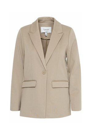 Beige Blazer aus strukturiertem Stoff, mit Reverskragen, einem Knopfverschluss und zwei frontalen Taschen.