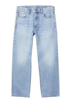 Ανοιχτό μπλε τζιν παντελόνι με ίσια γραμμή, μπροστινές τσέπες, θηλιές για ζώνη, κούμπωμα με κουμπιά και μικρή ετικέτα Calvin Klein στην δεξιά μπροστινή τσέπη.