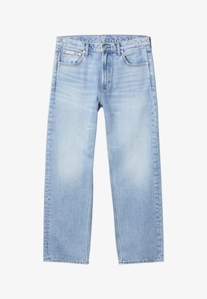 Hele sinised sirge säärega teksapüksid ees taskute, vööaasade, nööpidega kinnituse ja väikese Calvin Kleini sildiga paremal eesmisel taskul.