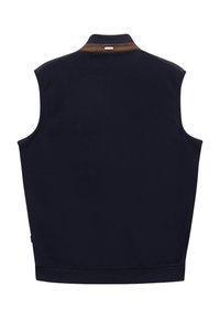 Marineblaues ärmelloses Vest mit hohem Kragen. Verfügt über einen braunen Lederbesatz am Kragen, eine glatte Textur und einen gerippten Saum.