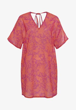 Robe de plage à imprimé floral en tissu translucide rose, avec un col en V et des liens au dos. Manches courtes avec une coupe ample et décontractée.