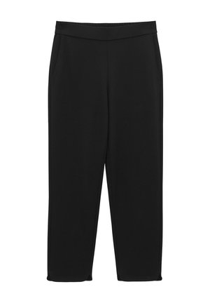 Black trousers made of smooth fabric, featuring a flat waistband, two side pockets, and a straight-leg cut with hem detailing.
