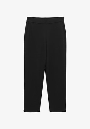 Zwarte broek van gladde stof, met een platte tailleband, twee zijzakken en een recht gesneden pijp met zoomdetails.