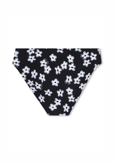 Bas de bikini noir avec un motif floral blanc imprimé sur l'ensemble. Confectionné en tissu extensible à la texture lisse, avec une coupe courte classique.