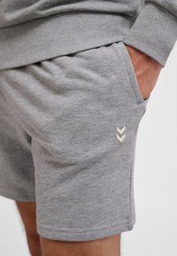 Shorts en coton gris avec une coupe décontractée, une taille élastique et un logo en chevrons de couleur crème décoratif sur la poche gauche.