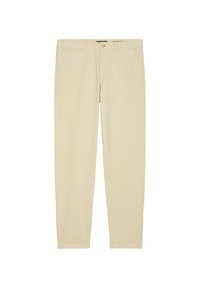 Beige chinos with a slim fit, featuring a button closure, belt loops, and side pockets. Smooth cotton fabric with a flat front design.