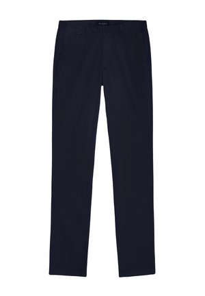 Navy blue cotton chinos with a straight-leg design, featuring two side pockets and a flap pocket at the back. Smooth texture with minimal detailing.