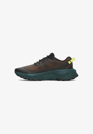 Black and dark brown athletic shoe with dark green thick sole, black laces, mesh upper, and neon yellow pull tab at heel.