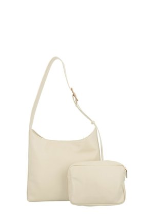 Borsa a spalla in ecopelle crema con una sola tracolla e una piccola pochette staccabile. Texture liscia e design minimalista.