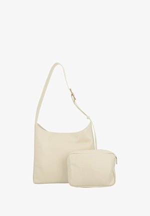 Borsa a spalla in ecopelle crema con una sola tracolla e una piccola pochette staccabile. Texture liscia e design minimalista.