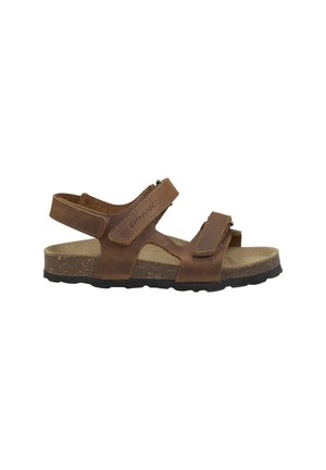 Brun lädersandal med två justerbara remmar, korkinlägg och gummiyttersula. Öppen tå-design med sydda detaljer på remmarna.