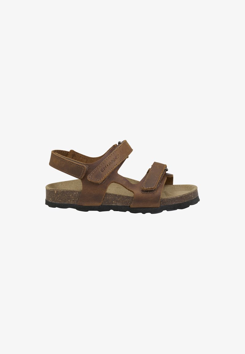Brown leather sandal with two adjustable straps, cork footbed, and rubber outsole. Open toe design with stitched accents on straps.