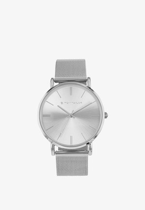 Silberne Tom Tailor Armbanduhr mit Mesh-Armband, minimalistischem rundem Zifferblatt und schlanken Stunden-, Minuten- und Sekundenzeigern, die 10:09:40 anzeigen.